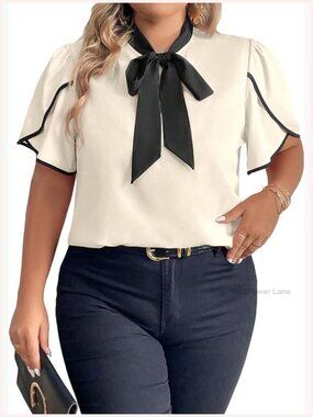 Plus Size Work Blouse Bow Tie Neck Petal Sleeve Business Casual Top